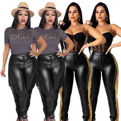 China Autumn and winter new design high quality stretch pencil pants streetwear anti-static leather fringed women long plus size legging pants for sale