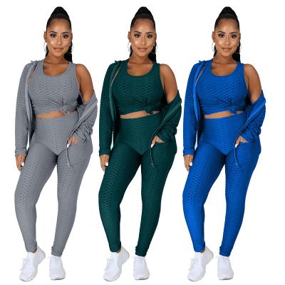 China 2021 viable new 3 piece yoga set solid for women jacket and vest sport and yoga set 3 piece set women clothes for sale