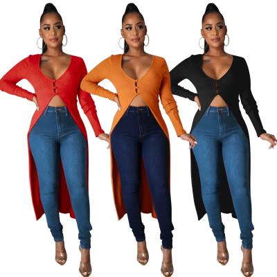 China QUICK DRY Fashion Solid Color Autumn Winter Women's Deep V Jackets 2021 Irregular Yarn Button Cardigan Coats for sale