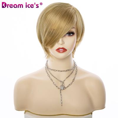 China Silky Straight Dream.Ice 613 Honey Blonde Wig Short Wavy Bob Pixie Cut Full Machine Made Lace Up Hair Wigs With Bangs For Black Women for sale