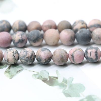 China Matte / Frosted Natural Beads For Jewelry Making Matte Frosted Black Stripe Rhodochrosite Gemstone Round Loose Bead 15.5