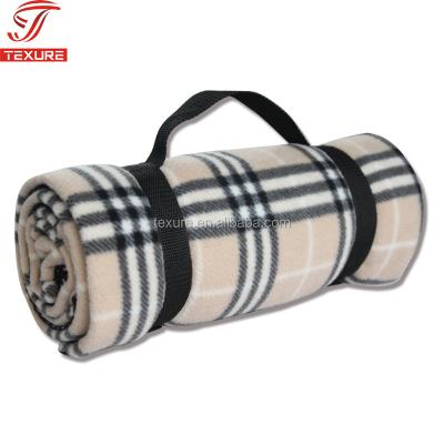 China Anti-pilling Roll Up Tartan Fleece Picnic Blanket With Carry Strap for sale