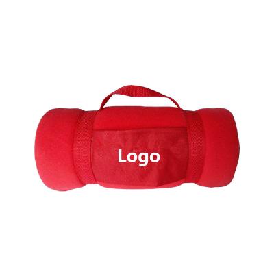 China Anti-pilling Promotional Gifts Customized Printed Logo Fleece Blanket With Carry Handle for sale