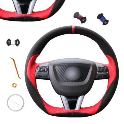 China Black Suede and Red Artificial Leather DIY Steering Wheel Cover for Seat Leon 2009-2012 for sale