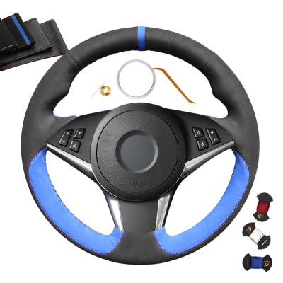 China Blue Black Suede Hand Sewing Steering Wheel Cover for BMW E60 E61 530d 545i 550i for sale