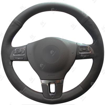 China VW Car Fitment Black Suede Leather Steering Wheel Cover with Blue Thread Hand Sewing for sale