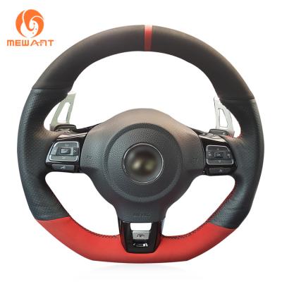 China Car Fitment VW Red Black Leather Suede Hand Stitching Steering Wheel Wrap for Scirocco R for sale