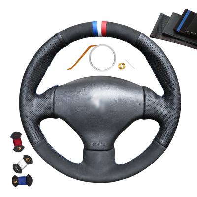 China DIY Car Accessories Black Genuine Leather Suede DIY Steering Wheel Cover For Peugeot 206 SW 2003 2004 2005 206 CC 2004 2005 for sale