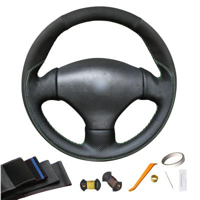 China Hand Sewing Black Suede Genuine Leather Custom Steering Wheel Cover For Peugeot 206 1998 1999 2000 2001 2002 2003 2004 2005 for sale