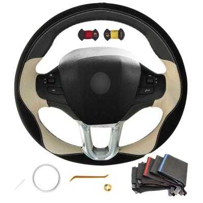 China Hand Sewing DIY Black Suede Leather Beige Design Personalized Steering Wheel Cover For Peugeot 2008 for sale