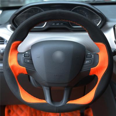 China Coser a mano Coser de cuero naranja y suede negro Customizado Capa del volante personalizado envoltura para Peugeot 208 Peugeot 2008 en venta