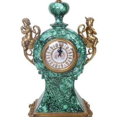 China Contemporary Classic Malachite Stain Clock Fashion Table Clock Green Stone Ceramic Inlaid Copper Clock for sale