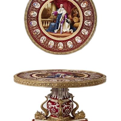 China European style hand painted ceramic inlaid contemporary french ceramic round table copper hall small table with copper crafts home decoratio for sale