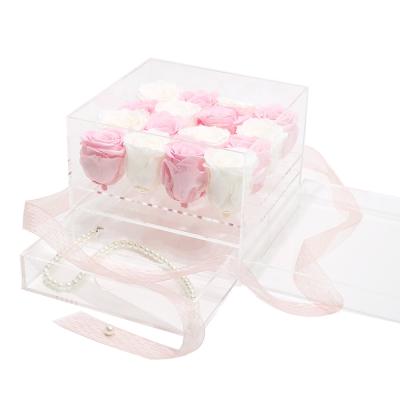 China Festival Gift Artificial Rose Stems Everlasting Preserved Rose Flowers in Clear Lid Acrylic Box for sale