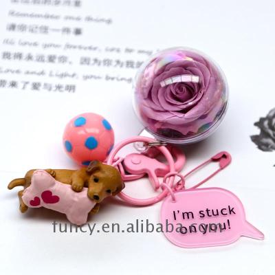 China Fashional Souvenir Gifts 2021 Best Seller Cute Puppy Design Preserved Rose Keychain for sale