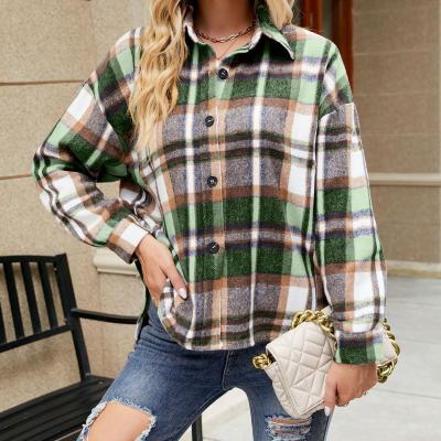 China European jacket ladies foreign trade anti-wrinkle women's autumn and winter 2022 new border and American plaid short loose shirt for sale