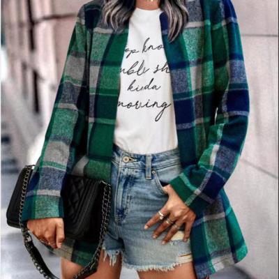 China 2022 Latest Popular Women Anti-pilling Long Jacket Collar And Sleeve Trend Plaid Shawl Long Shirt Coat for sale