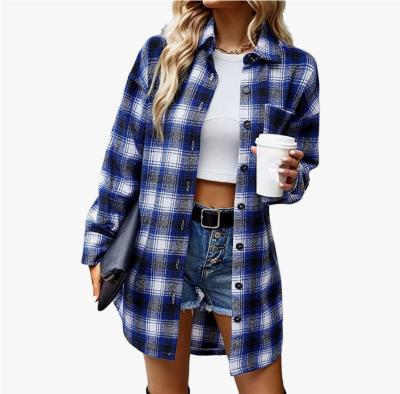 China Foreign Trade Border Women's Anti-pilling Plaid Shirt Jacket Friend Plaid Shirt Lantern Sleeve Button Formal Midi Casual Dress for sale