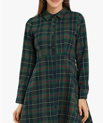 China Border Women's Anti-Pilling Christmas Clothing Plaid Lapel Button Slaps Cotton Mid Length Waist A Line Casual Skirt Shirt Dress for sale