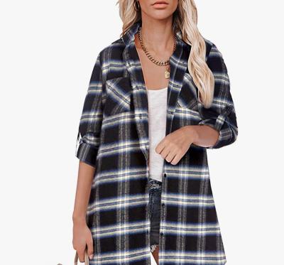 China Anti-pilling 2021 border foreign trade ladies popular casual loose blouse rolled edge mid length long sleeve lapel plaid shirt for sale