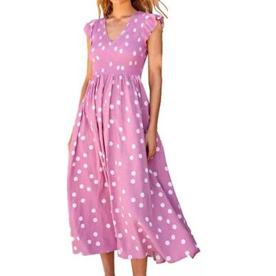 China New European and American foreign trade fashion women's v-neck waist skirt polka dot printing anti-static casual dress for sale