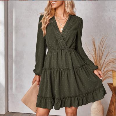 China 2022 anti-static autumn and winter European and American foreign trade women's new fashion V-neck waist slim jacquard dress for sale