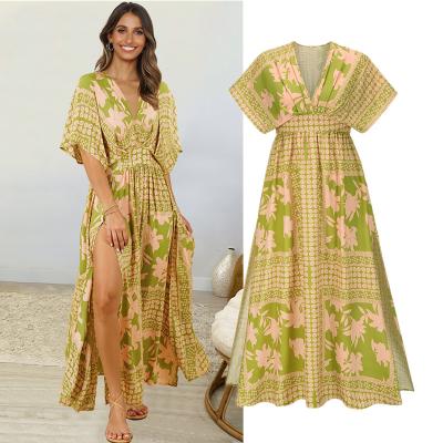 China Breathable Floral Print Casual Beach Dress Women V Neck Vacation Beach Dress A Line Maxi Long Dress Vacation Dress for sale