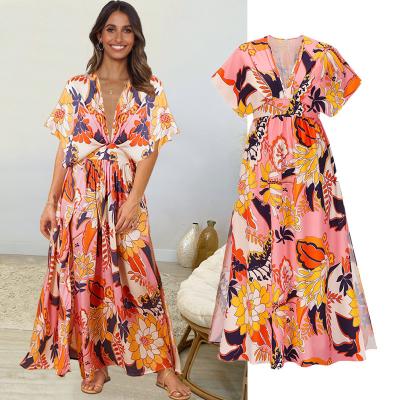 China Breathable Posh Dress Long Maxi Summer Floral Dolman Sleeve V-Neck Woman Beach Dress for sale