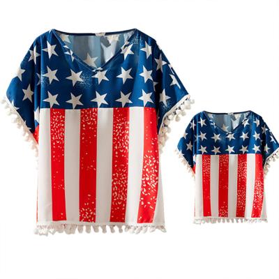 China breathable 4th of July MOM and ME TOP pom pom bikini blouse shirt summer family clothing for sale