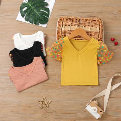 China 2022 New Viable Summer V-neck Shirts With Polka Dot Puff Sleeve For Baby Girls Tops for sale