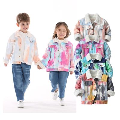 China Sustainable Link Dye Plush Denim Kids Jean Jacket Coat For Baby Boy Girls for sale