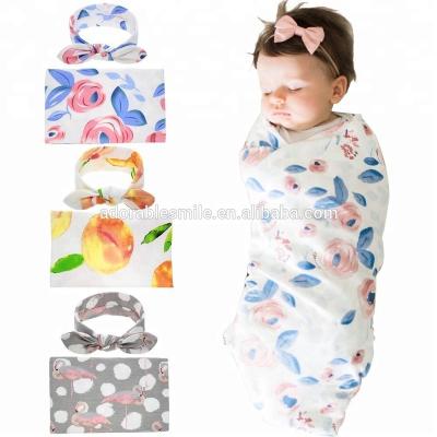 China Wearable Unisex Newborn Baby Organic Baby Wrap Receiving Blanket Covering Set with Bow Headband for sale