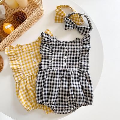 China Newborn infant summer baby romper/onesie/jumpsuit clothes woven cotton plaid baby romper jumpsuit headband set for sale