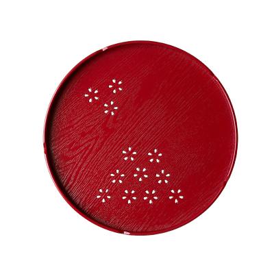 China Black Red Sakura Tea Tray Personalized Sakura Cavity Round Tea Tray Home Hotel Creative Art Tea Round Flat Dish for sale