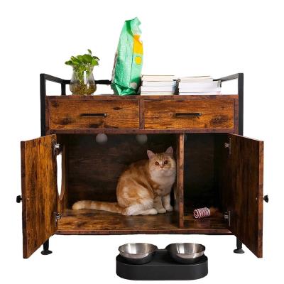 China (Other) Adjustable Cat Litter Box Enclosure Cabinet Cat Washroom Furniture Wooden Hidden Storage with 2 Doors, Drawers Pet Room for sale