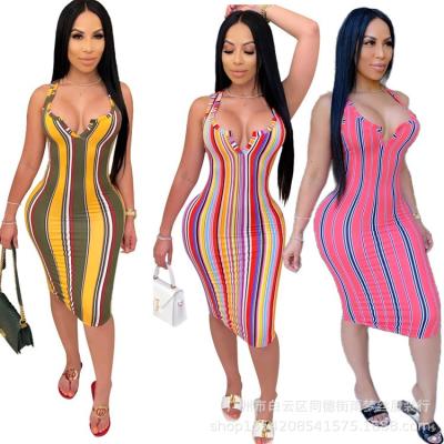 China Breathable Women Plus Size Sheath Dress With Colorful Stripes Deep V Strap for sale