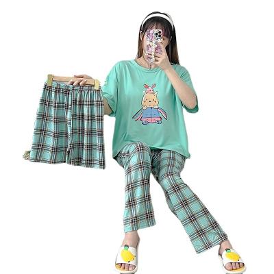 China Breathable cartoon printed crew neck plaid three-piece pajamas straight-leg top pants shorts for women for sale