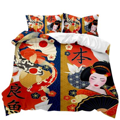 China Nondisposable Fashion 3D Bedding Set Japanese Element Printed Design Duvet Cover Three Piece Set for sale