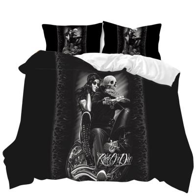 China BLACK 3D Nondisposable Printing Fashion Ride or Pattern Customized Die Skull Lovers Duvet Cover Bedding Set for sale