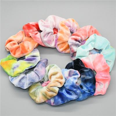 China New Arrival Hair Scrunchie Velvet Rainbow Hair Rings Tie To Dye Elastic Hair Bands Handmade Printing Hair Scrunchies for sale