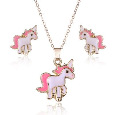 China Hot Selling ALLOY Gold Alloy Cute Cartoon Jewelry Unicorn Little Pony Earring Necklace Animal Set for sale