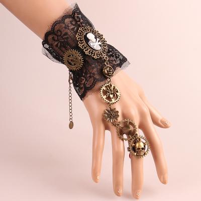 China Steampunk Bronzing Gothic Fingerless Lace Steampunk Gloves Vintage Beaded Fingerless Gloves Wristband Women Steampunk Gloves With Ring for sale