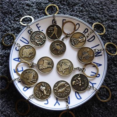 China Wholesale Vintage 12 Metal Horoscope Side Sign Key Ring Retro Constellation Astrology Keychain Chinese Zodiac Key Chain for sale