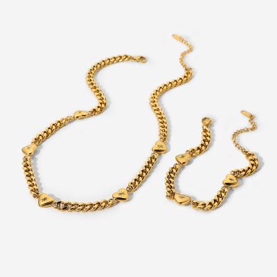 China Chain Bracelets Women 18k Gold Street Stainless Steel Choker Heart Necklace Girls Hip Pop Accessories Zircon Cuban Chain Jewelry Set for sale