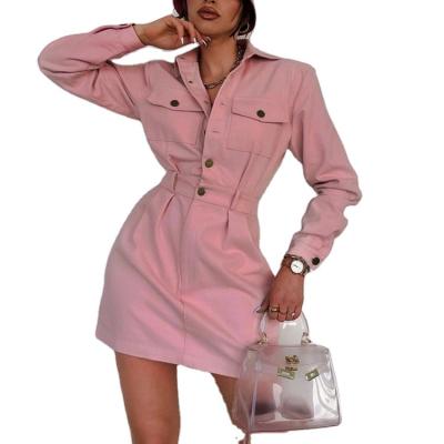 China Office Lady Anti-Static Full Sleeve Elegant Dresses High Street Pink Autumn Casual Shirt Dresses Women for sale