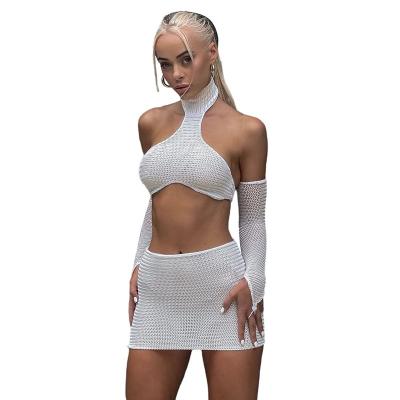 China QUICK DRY Halter Long Sleeve Crop Top + Skirt Women Sets Two Piece Outfits Set Sexy Knitted 2 Pcs Set for sale