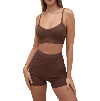 China Wholesale Cheap Price Women Salon Wear Anti-Pilling Ribbed Crop Bra Top And Bike Shorts 2 Piece Sets for sale