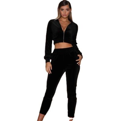 China Anti-Wrinkle OEM Women Clothes Velvet Zip Up Crop Top Jogging Suits 2 Piece Set Women Tracksuit Sets for sale