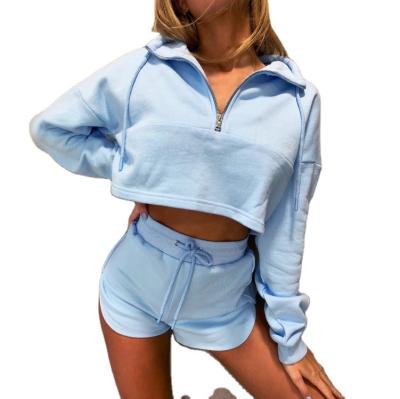 China OEM Streetwear Anti-Wrinkle French Terry Crop Top Half Zip Up Hoodies And Pullover Shorts Two Piece Jogging Sets for sale