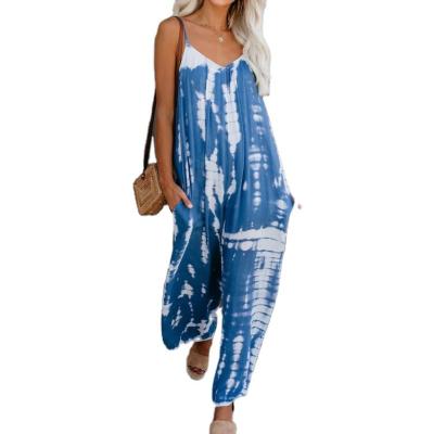 China Cheap Wholesale QUICK DRY 100% Cheap Price Women Rayon Tie Dye Romper V-Neckline Spaghetti Tie Wide Leg Overalls for sale